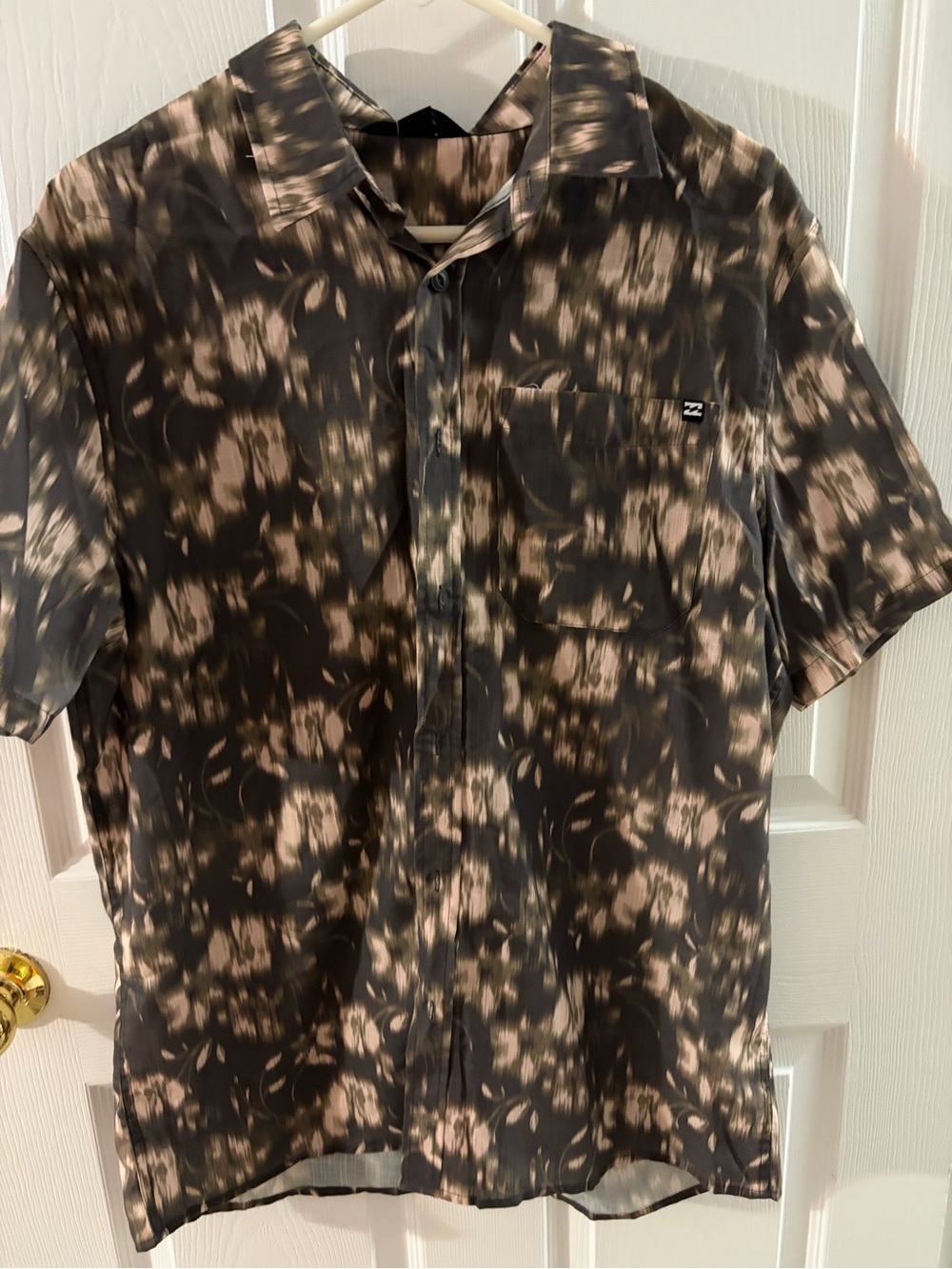 Billabong Short-Sleeve Button-Down in Black and Beige Abstract Print
